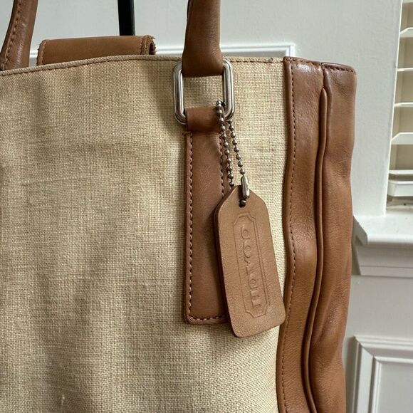 Rare Vintage Coach 9429 Bonnie Bucket Linen Leather Tan Cream Satchel Small Tote - Picture 2 of 10